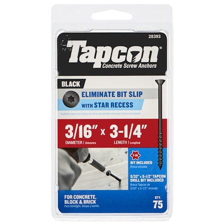 Tapcon 3/16 in. Dia., Bugle, 3-1/4 in. L, Steel 75 PK 28393